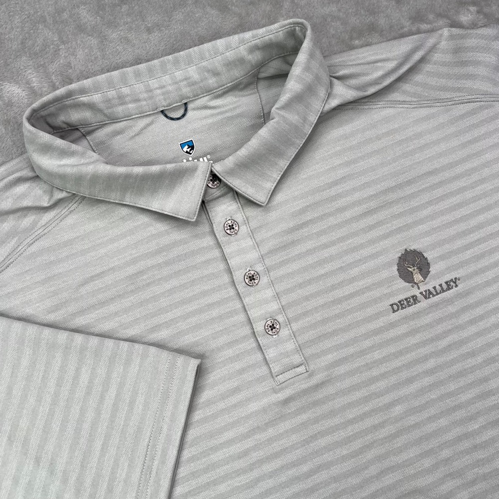 Kühl Airkuhl Polo‎ Shirt Mens 2XL Gray Striped Deer Valley Stretch Performance